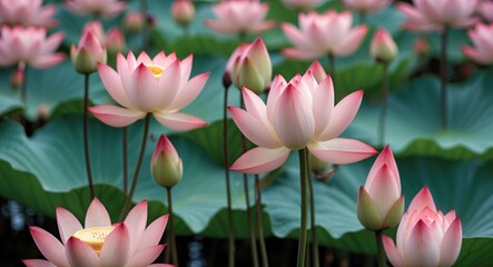 Poster - Budding Pink Lotus Flowers Surrounded By Lush Green Leaves With Space For Text Overlay In A Serene Natural Setting