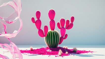 Poster - Vibrant Pink Cactus Surrounded by Colorful Sand Against a Clean White Background