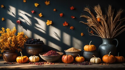 Wall Mural - Harvest Still Life with Pumpkins, Berries, and Wheat on Dark Background Featuring Autumn Leaves and Natural Shadows