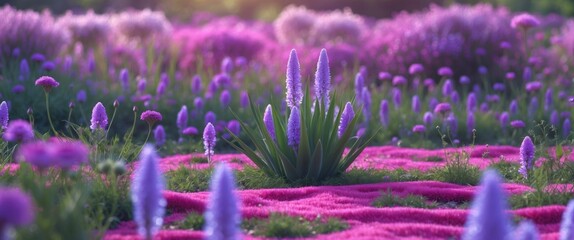 Poster - Vibrant purple flowers blanket a wild summer meadow with a soft pink carpet, creating a serene scene filled with natural beauty and space for text.