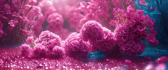 Poster - Vibrant pink floral background with soft focus and texture enhancing a dreamy, romantic atmosphere full of rose clusters and sparkling reflections.