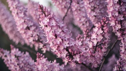 Poster - Lilac Flowers in Full Bloom on Branches Showcasing Soft Pink Petals Against a Gentle Background of Nature's Beauty