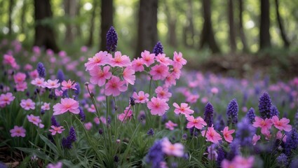 Poster - Vibrant pink and purple wildflowers blooming in a serene forest setting creating a picturesque natural landscape.
