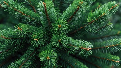 Poster - Close-up of vibrant green pine tree branches showcasing detailed needle textures and natural beauty in a lush forest setting.