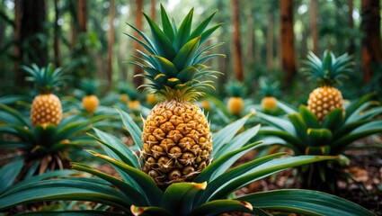 Poster - Vibrant pineapples growing amidst lush greenery in a tranquil forest setting