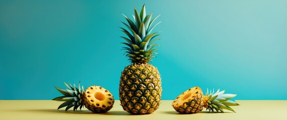 Poster - Pineapples with vibrant green tops arranged on a pastel blue background showcasing fresh tropical fruit and appealing colors.