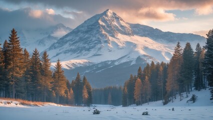 Poster - Snowy Mountain Landscape Surrounded by Majestic Pine Trees in Winter Setting with Soft Light and Dramatic Cloud Patterns.