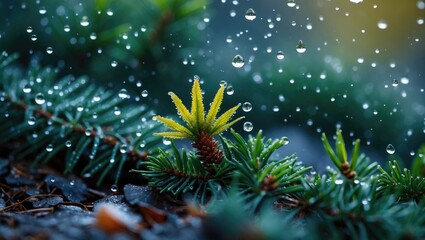 Poster - Fresh Green Pine Sprouts Glimmering with Dewdrops in a Forest Setting Enhancing Nature's Beauty and Tranquility