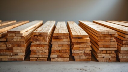 Poster - Stacks of freshly cut pine planks arranged for drying in a workshop showcasing natural wood textures and grains