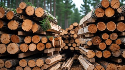 Poster - Pine wood logs neatly stacked in an outdoor forest setting showcasing timber harvesting and the wood industry. Closeup view of natural textures.