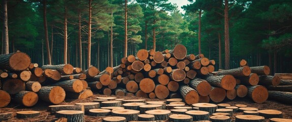 Poster - Pine timber stacked in a forest creating a natural abstract pattern with wooden circles and greenery in the background.