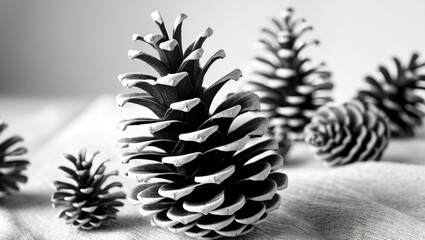 Poster - black and white pine cones arranged artistically on a white background showcasing natural textures a