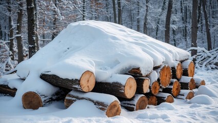 Poster - Wood logs covered in snow with serene forest background in winter, showcasing the beauty of nature and seasonal contrasts.