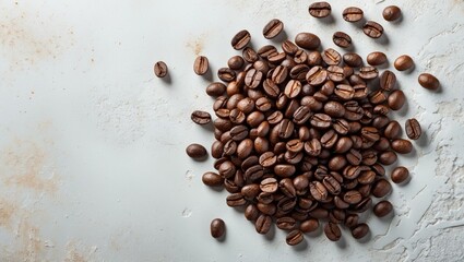Poster - Coffee beans arranged artistically on a light textured surface showcasing rich colors and detailed textures in a top view composition.
