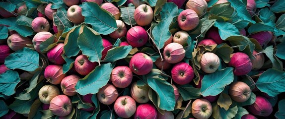 Poster - Dried water apple leaves with vibrant fruits arranged aesthetically from above showcasing natural colors and textures in a flat lay composition.