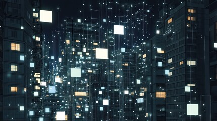 Poster - Night city data flow, glowing screens, digital future, urban tech