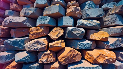 Poster - Close-up view of stacked building stones in various colors showcasing texture and structure in construction materials.