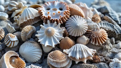 Poster - Colorful collection of coral and shell fossils showcasing intricate textures and natural patterns on a beach sand background.