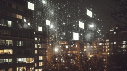 Poster - Night city, digital data flow, building windows, urban scene, tech concept