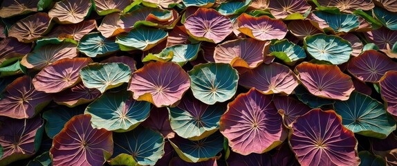 Poster - Vibrant arrangement of dried water apple leaves demonstrating intricate patterns and rich colors viewed from a top-down perspective.