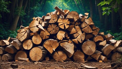 Poster - Chopped Wood Stack in Lush Forest Environment Ideal for Rustic Background or Nature Themes