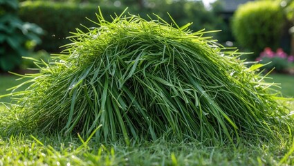 Poster - Freshly Cut Grass Pile in Lush Garden Landscape with Sunlight and Nearby Greenery
