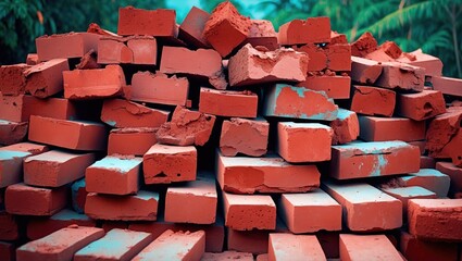 Poster - Stacked red clay bricks in disarray showcasing texture and color ideal for construction or landscaping themes.