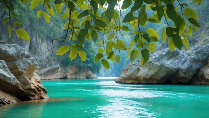 Poster - Tranquil Scene of Lush Green Leaves Overlooking a Crystal Clear Turquoise River Surrounded by Majestic Limestone Rocks