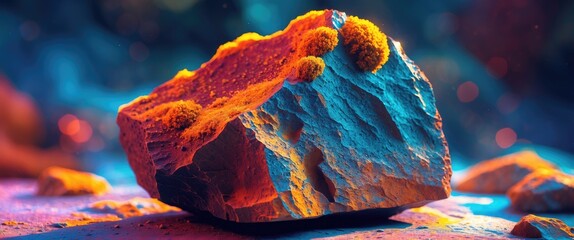Poster - Vibrantly colored rock formation with unique textures and moss in a dramatic lighting setting showcasing nature's beauty and diversity