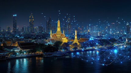 Poster - Nighttime Bangkok skyline, Wat Arun, digital network