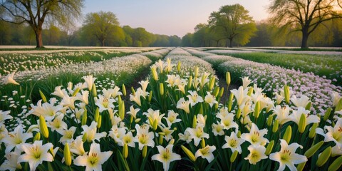 Poster - Vibrant Daylily Fields in Full Bloom Under Soft Morning Light with Lush Green Background and Expansive Copy Space for Text