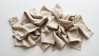 Poster - Textured beige coarse fabric pieces artfully arranged on a white background showcasing natural fibers and elegant draping.