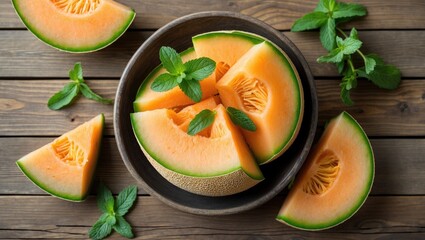 Poster - Cantaloupe Melon Slices Decorated With Fresh Mint Leaves In Wooden Bowl On Table Top View Perfect For Summery Food Concepts