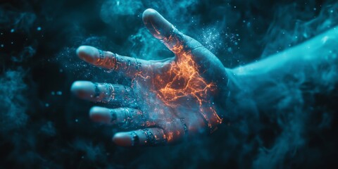 Aufkleber - A glowing hand reaches into a mystical world. Bright orange sparks and blue hues create a surreal atmosphere. This image captures energy and creativity. AI
