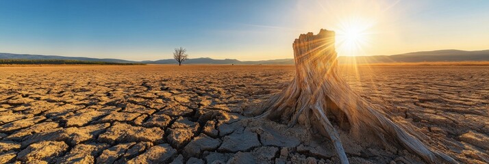 Poster - Dry desert landscape featuring cracked earth and a lone tree stump under bright sunlight. Generative AI