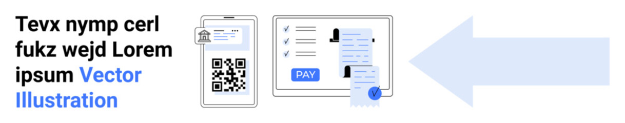 QR code on smartphone, online payment screen with details and confirmation. Ideal for fintech, mobile banking, digital transactions, e-wallets, security, invoices, abstract line flat metaphor