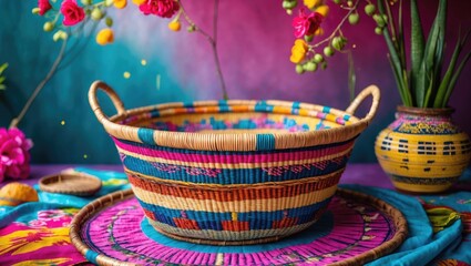 Poster - colorful traditional hand-woven basket on vibrant background with floral decor and empty space for t