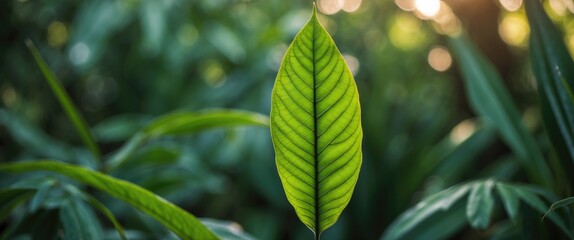 Poster - Close-up of a bakosa leaf with intricate veins surrounded by lush green foliage in a natural sunlight setting.