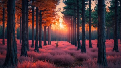 Poster - Autumn Sunset in Pine Forest with Colorful Foliage and Tranquil Landscape Ideal for Postcards and Nature-Themed Designs.