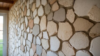 Poster - Close up view of a decorative stone wall in a residential setting showcasing unique textures and colors of natural stone materials.