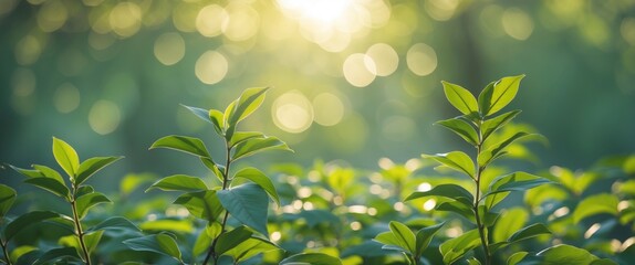 Poster - Green Leaves with Sunlight Bokeh Creating a Serene Abstract Nature Background with Space for Text or Design Elements
