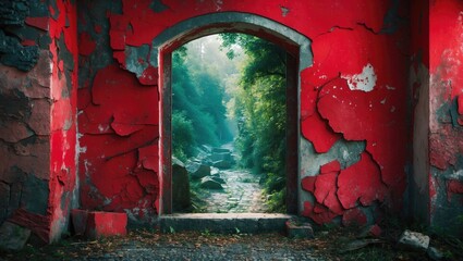 Poster - Abandoned red wall with peeling paint framing a natural path, showcasing a blend of urban decay and serene greenery in soft light.