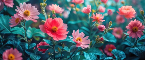 Poster - Colorful floral garden with vibrant pink flowers and lush green leaves creating a serene and enchanting natural atmosphere.