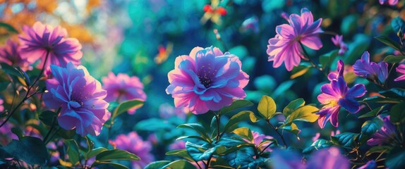 Poster - Mystical garden filled with vibrant flowers and lush greenery under soft natural light, creating a serene and enchanting atmosphere.