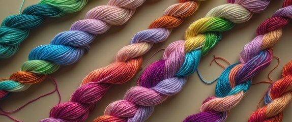 Poster - Colorful knitting threads arranged on a beige background showcasing various hues for creative crafting and design projects.