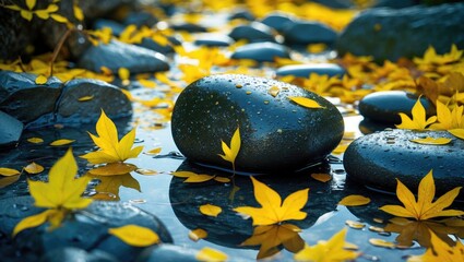 Poster - Serene composition of wet stones adorned with vibrant yellow leaves reflecting tranquility in a natural setting during autumn.