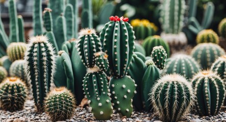Poster - vibrant composition of ornamental cacti in various shapes and sizes with text space for design and c