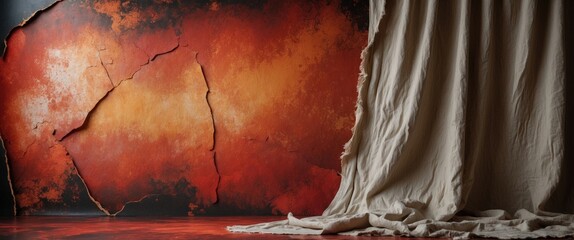 Poster - Abstract red and orange grunge photography backdrop with muslin fabric texture for studio portrait sessions and creative photo shoots.