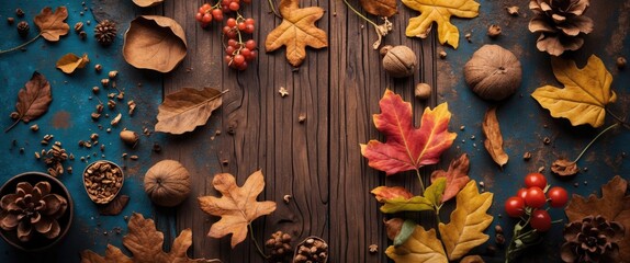 Poster - autumnal flat lay featuring colorful leaves, pine cones, and rustic wood texture creating a warm sea