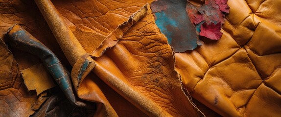Poster - Textured vintage leather in vivid ocher with weathered surface and colorful scraps, perfect for design and crafting projects.